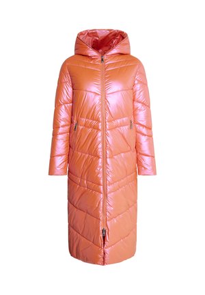 Pufferjas in glanzend koraal, knielang met een capuchon, met horizontale en diagonale stitching, een rits aan de voorkant en zijzakken.