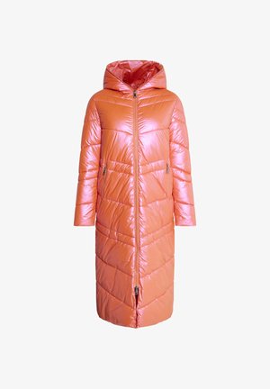 Pufferjas in glanzend koraal, knielang met een capuchon, met horizontale en diagonale stitching, een rits aan de voorkant en zijzakken.