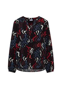 Langärmeliges Oberteil mit einem gemischten geometrischen Muster in Rot, Schwarz, Weiß und Blau auf leichtem Stoff; verfügt über einen knopfgemachten V-Ausschnitt.