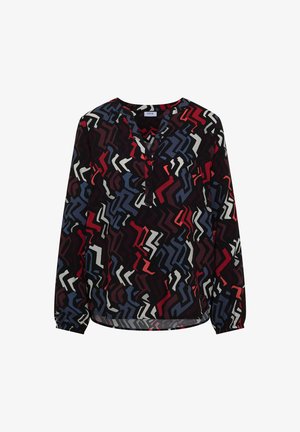 Langärmeliges Oberteil mit einem gemischten geometrischen Muster in Rot, Schwarz, Weiß und Blau auf leichtem Stoff; verfügt über einen knopfgemachten V-Ausschnitt.