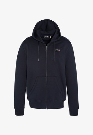 Felpa con zip color navy, con cappuccio regolabile, tasche frontali, polsini e colletto a coste, presenta un sottile logo sul lato sinistro del petto.