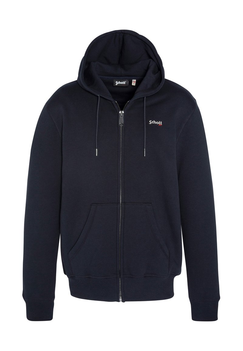 Felpa con zip color navy, con cappuccio regolabile, tasche frontali, polsini e colletto a coste, presenta un sottile logo sul lato sinistro del petto.