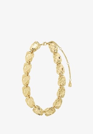 Collana in oro massiccio con maglie irregolari e texture spessa, con catena regolabile su sfondo bianco.