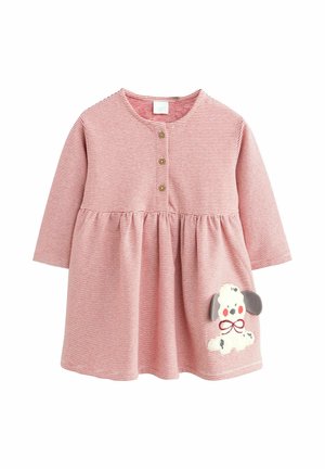 Rot-weiße gestreifte Kleid mit langen Ärmeln, Knopfleiste, gerafftem Bund und besticktem Hunde-Patch an der unteren rechten Seite. Aus Baumwollmaterial.