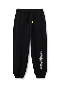 Czarne dresy z elastycznym paskiem w talii, neonowo-żółtymi końcówkami sznurka, bocznymi kieszeniami, ściągaczami na nogawkach oraz białym napisem "Looking 4 New Horizons" na lewej nodze.