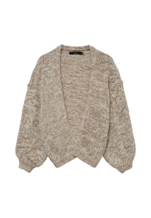 Beżowy dzianinowy kardigan z dużymi, balonowymi rękawami i otwartym przodem. Całość zdobi fakturowany wzór o miękkim, przytulnym wyglądzie.