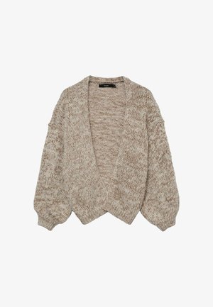 Cárdigan de punto beige con mangas globo extragrandes y diseño de frente abierto. Patrón texturizado en toda la prenda con una apariencia suave y acogedora.