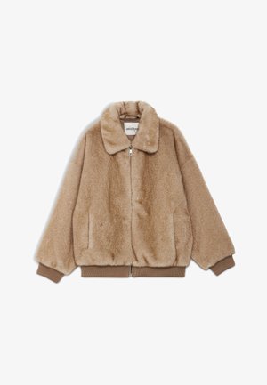 Giacca in pelliccia sintetica color beige con zip frontale, grande colletto e polsini e orlo a coste. Tessuto morbido con tasche laterali.