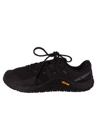 Juodas sportinis batelis su tinklelio viršumi, lanksčia gumine pado dalimi ir išskirtiniu geltonu Vibram prekės ženklu šone.