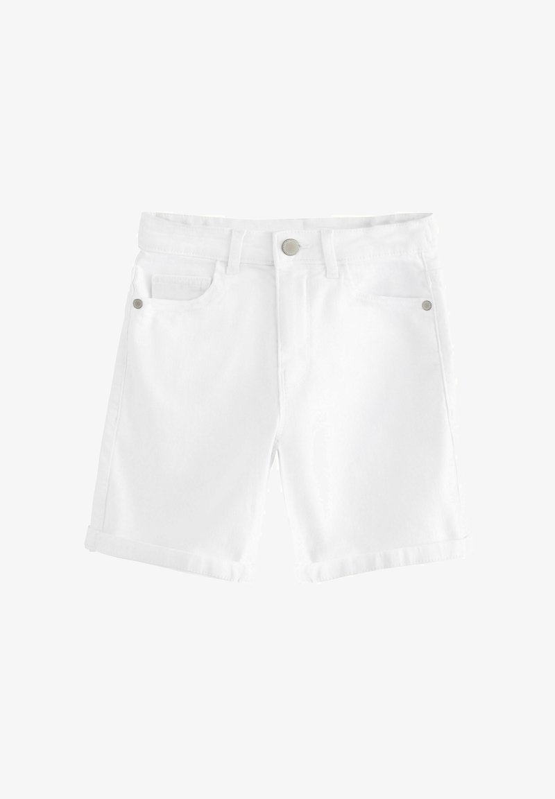 Hvide denimshorts med optrukne kanter, knap foran, lynlås, bæltestropper og design med fem lommer.