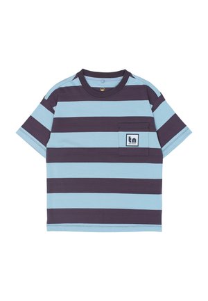Tričko s krátkym rukávom s vodorovnými svetlomodrými a tmavofialovými pruhmi a malou náprsnou kapsou s nášivkou s logom "tn".