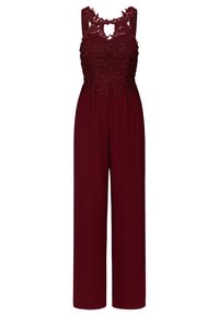 Bordeaux jumpsuit met kanten lijfje met bloem borduursel, schouderbandjes en een wijde broekspijpen. Sleufdetail bij de halslijn.