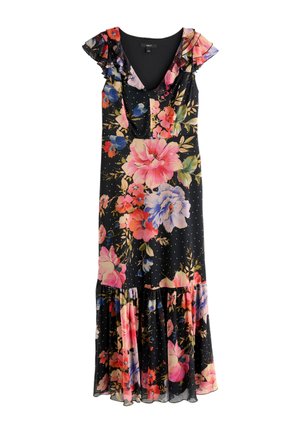 Next, REGULAR FIT - SHORT SLEEVE RUFFLE NECK MIDI TIERED DRESS  . - Vestido largo - black floral print