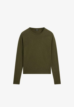 Maglione verde oliva a maniche lunghe realizzato in un tessuto morbido; presenta un collo rotondo e polsini e orlo a coste con una vestibilità comoda.
