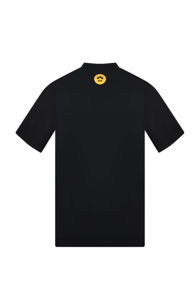 Black short-sleeve shirt with a small yellow circle featuring a vampire face with fangs printed near the back collar.