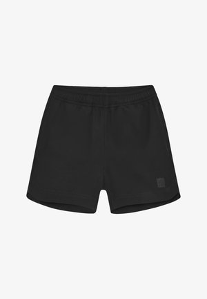 Schwarze Shorts aus leichtem Stoff, mit einem elastischen Bund, Seitentaschen und einem kleinen Logopatch am unteren Saum.