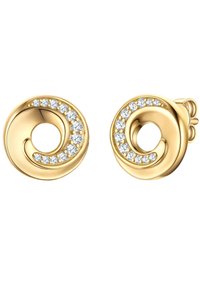 Guldtonade, cirkulära klippörhängen med en vågig design som är accentuerad med små klara rhinstenar runt den yttre kanten.