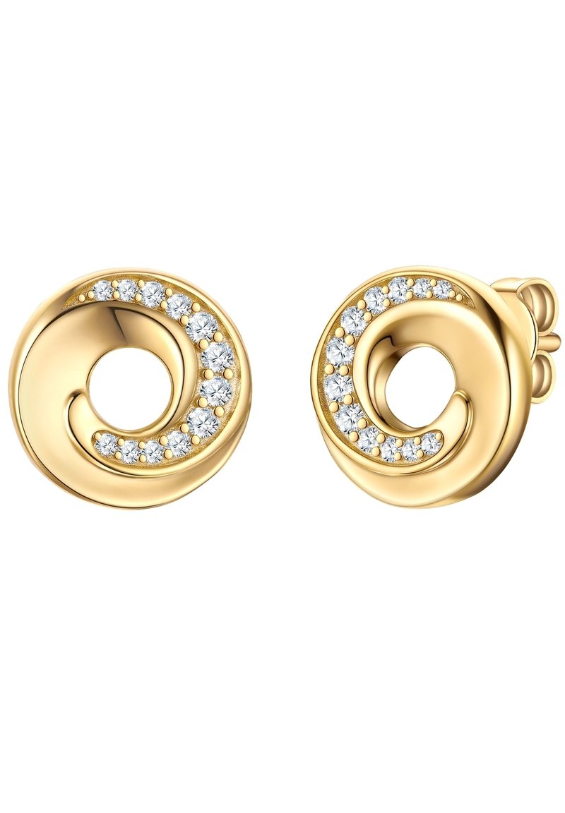 Guldtonade, cirkulära klippörhängen med en vågig design som är accentuerad med små klara rhinstenar runt den yttre kanten.