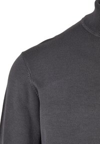 Dunkelgrauer Rollkragenpullover mit geripptem Kragen und glattem, leichtem Stoffmaterial, präsentiert von der Schulter aufwärts.