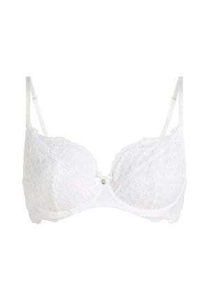 Witte kanten beugelbeha met verstelbare bandjes, bloemmotief en een klein decoratief strikje met juweeldetail in het midden vooraan.