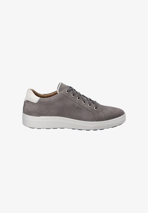 Gray suede sneaker with a white leather heel accent, round laces, and a textured rubber sole. Subtle stitching detail on the sides.