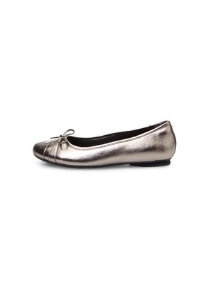 Metallic ballet flat with a round toe, featuring a small bow accent and subtle horizontal stitch detail on the toe area. Black sole.