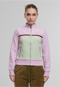 Veste zippée en rose clair et vert menthe, avec une stripe bordeaux et deux poches latérales zippées. Tissu doux avec un ourlet côtelé.
