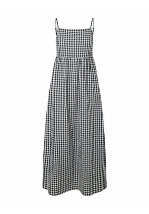 Rochie midi în carouri alb-negru gingham, cu bretele subțiri și corset ajustat.