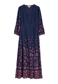 Marineblaues Kleid mit V-Ausschnitt, langen Puffärmeln und floralen Mustern in Rosa und Grün entlang des Saums und der Ärmel. Glatte Stofftextur.