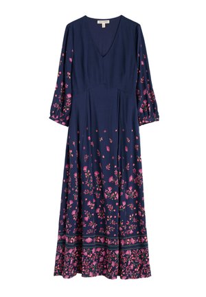 Abito blu navy con scollo a V, maniche lunghe a sbuffo e motivi floreali rosa e verdi lungo l'orlo e le maniche. Tessuto dalla texture liscia.