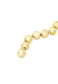 Kullattu, pallomaiset helmet aseteltu kaarevaan linjaan, kiiltävä pinta, tasainen muoto, yhdistetty ohuella metalliketjulla.