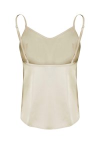 Beige cami, jossa on ohuet säädettävät olkaimet, V-halkio ja sileä satiinimainen tekstuuri. Laskeutuu kauniisti pyöreän helman kanssa.