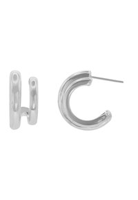 Orecchini a cerchio in argento con una finitura lucida, caratterizzati da un design circolare e una chiusura posteriore per una vestibilità sicura. Include un piccolo orecchino a catena.