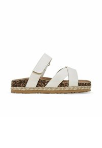 Sandalo bianco con due cinghie regolabili, soletta in sughero e zeppa in juta intrecciata. Suola in gomma texturizzata per una buona aderenza.