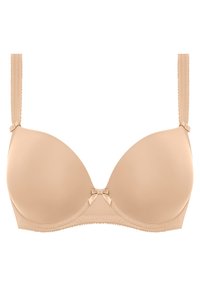 Beige uitneembare bh met onderdraad, gladde stof, verstelbare bandjes en kantafwerking. Heeft een kleine strik in het midden voor.