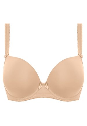Beige uitneembare bh met onderdraad, gladde stof, verstelbare bandjes en kantafwerking. Heeft een kleine strik in het midden voor.