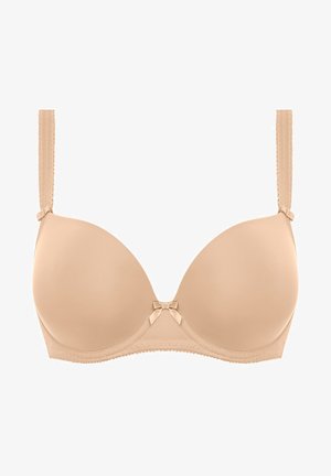 Beige uitneembare bh met onderdraad, gladde stof, verstelbare bandjes en kantafwerking. Heeft een kleine strik in het midden voor.