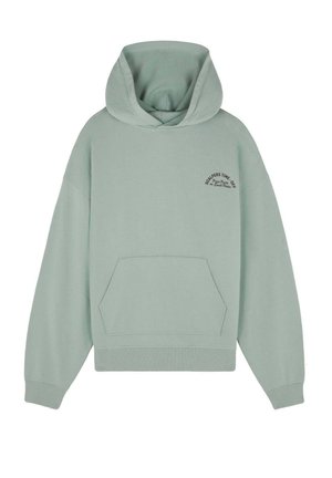 Sudadera verde claro hecha de tela suave, que presenta un bolsillo frontal, puños acanalados y un logotipo bordado en el pecho.