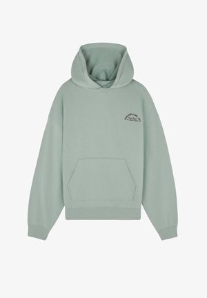 Hellgrüner Hoodie aus weichem Material, mit einer Fronttasche, Rippbündchen und einem gestickten Logo auf der Brust.