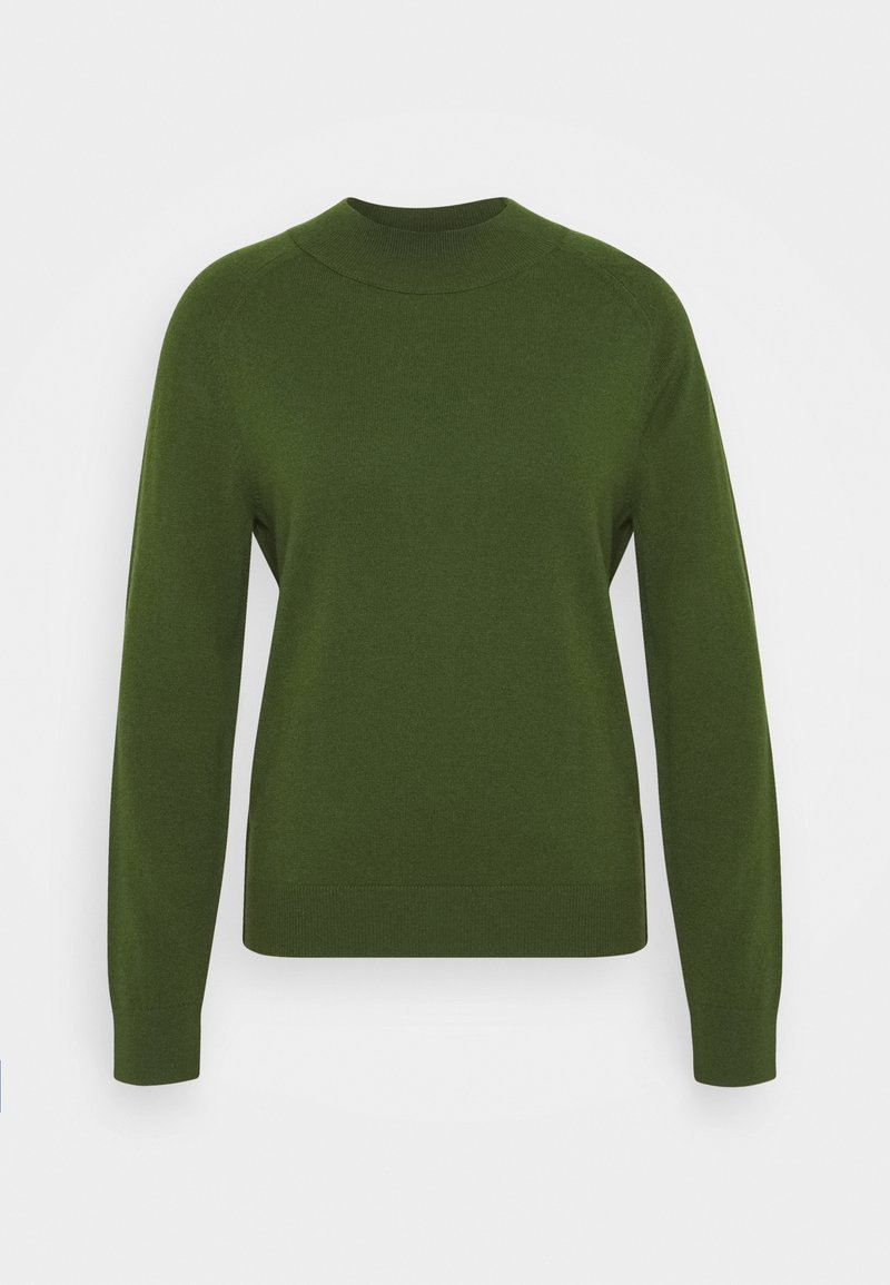 Pull tricot vert à manches longues avec un col rond haut et des poignets et un ourlet côtelés, présenté sur un fond blanc uni.
