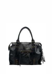 Sac à main en cuir noir avec deux poignées, poche avant zippée, clous en métal et franges supplémentaires sur les côtés. Texture lisse.