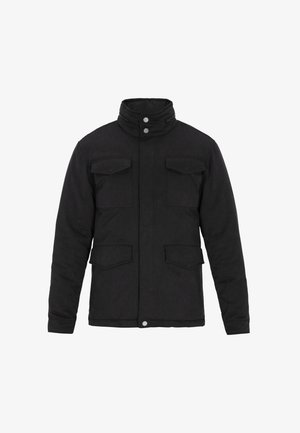 Črna topla jakna z visokim ovratnikom, štirimi sprednjimi žepi in zakoviki. Narejena iz teksturirane tkanine, z naravnim krojem.