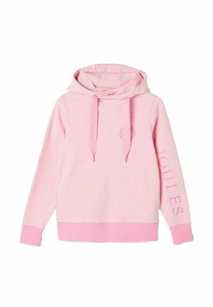 Pink striped hoodie with a drawstring hood, ribbed cuffs, and hem. Features the word "JOULES" printed along the sleeve in a matching pink.