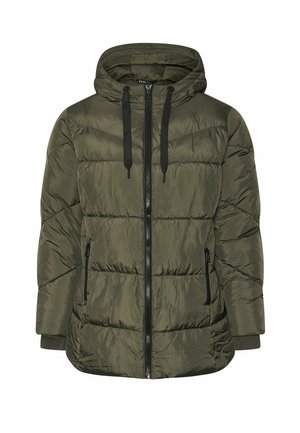 Olivgrüne Steppjacke mit Kapuze, durchgehendem Reißverschluss und Fronttaschen. Gestepptes Design mit elastischen Bündchen und Saum.