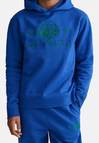 Blå huvtröja i mjukt tyg med broderad grön logo och text på bröstet. Ribbad mudd och fåll, avslappnad passform.