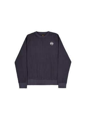 Langærmet navy blå waffle-strik sweatshirt med ribbede manchetter og kant, samt et lille hvidt cirkulært logo på venstre bryst.