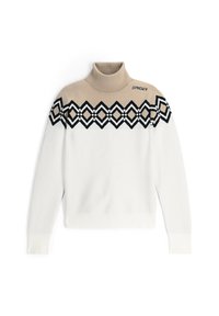 Witte trui met een beige col en een geometrisch zwart en beige patroon over de borst. Beschikt over geribbelde manchetten en zoom.