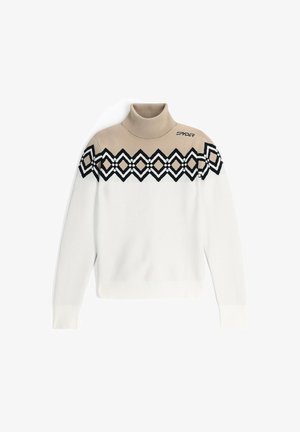 Weißer Pullover mit einem beigen Rollkragen und einem geometrischen Schwarz-Beige-Muster über der Brust. Mit gerippten Bündchen und Saum.