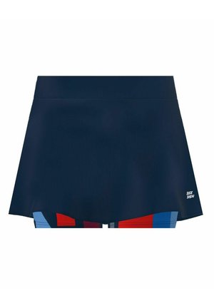 Falda deportiva azul marino con un diseño acampanado, una cinturilla lisa y patrones geométricos coloridos en el dobladillo en rojo, azul y negro.