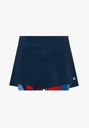 Gonna sportiva blu navy con design svasato, vita uniforme e motivi geometrici colorati all'orlo in rosso, blu e nero.